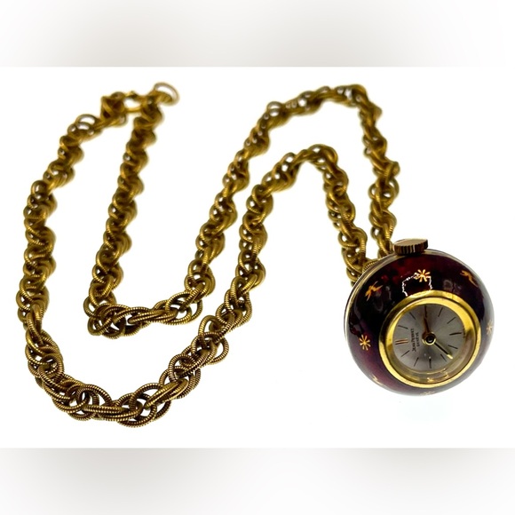 Vintage Jewelry - Vintage 1960s Signed Jean Perret Gold Tone Red Enamel Orb Necklace Watch Working
